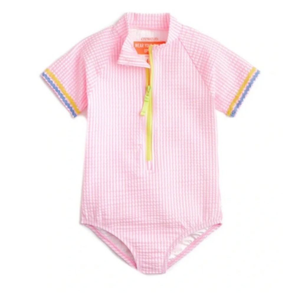 Crewcuts Girls Seersucker Short-sleeve One Piece Rash Guard Swimsuit UPF 50+ 4 5